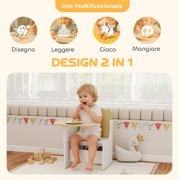AIYAPLAY Set Tavolo e Sedia per Bambini 3-5 Anni in Legno MDF con Motivi a Cuore, Contenitore Integrato, Bianco | Aosom Italy