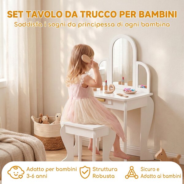 HOMCOM Tavolo per Trucco per Bambine 3-6 Anni con Sgabello, Cassetti e Specchio Coordinato in Acrilico, Bianco | Aosom Italy