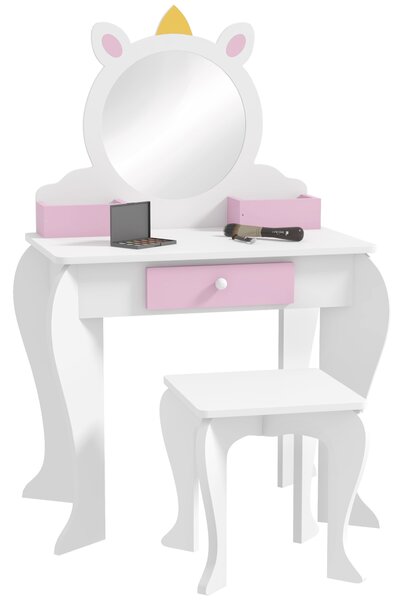 ZONEKIZ Set Toeletta Trucco Bambina con Sgabello, Postazione Trucco in Legno con Specchio Rotondo in Acrilico, 2 Scatole Portaoggetti, Design Unicorno, Tavolo Trucco per Bimbi 3-6 Anni, Rosa | Aosom Italy