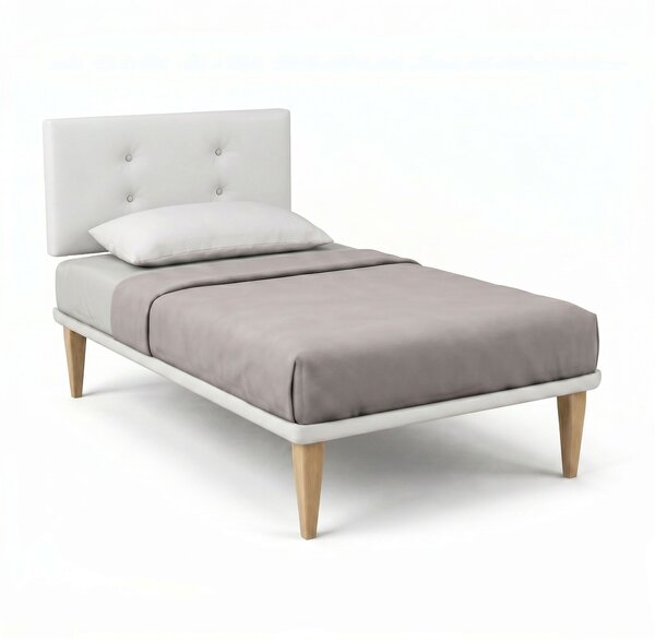 Letto Singolo con Rete Rivestita 80x190 cm Similpelle Bianco Tessis Testata Button