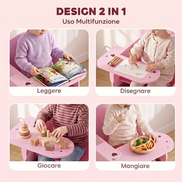 AIYAPLAY Set Tavolo e Sedia per Bambini 3-5 Anni in Legno MDF con Motivi a Cuore, Contenitore Integrato, Rosa | Aosom Italy