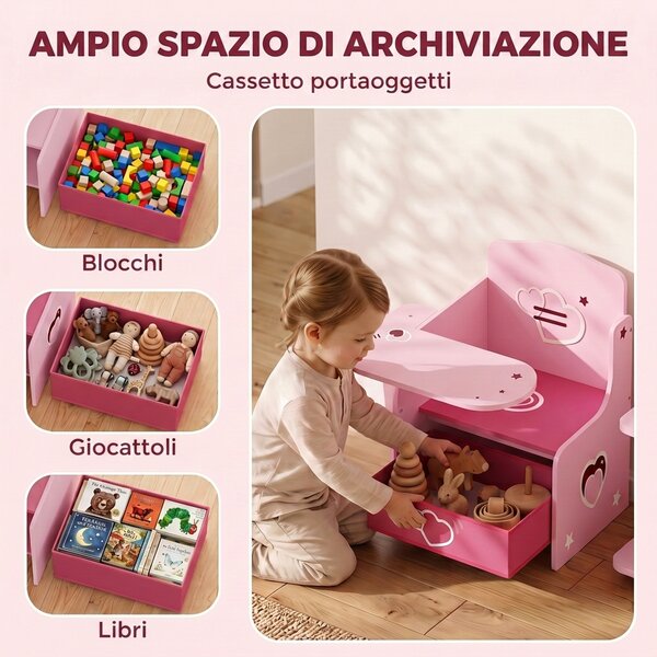 AIYAPLAY Set Tavolo e Sedia per Bambini 3-5 Anni in Legno MDF con Motivi a Cuore, Contenitore Integrato, Rosa | Aosom Italy