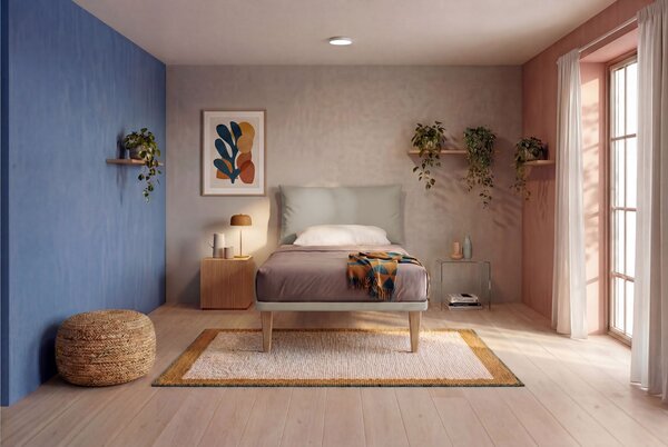 Letto Singolo con Rete Rivestita 80x190 cm Similpelle Tortora Tessis Testata Soft