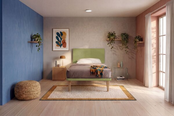 Letto Singolo con Rete Rivestita 80x190 cm Microfibra Tè Verde Tessis Testata Flat