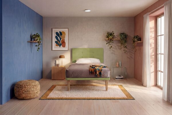 Letto Singolo con Rete Rivestita 80x190 cm Microfibra Tè Verde Tessis Testata Button