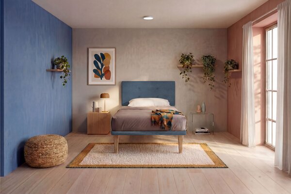 Letto Singolo con Rete Rivestita 80x190 cm Microfibra Blu Tessis Testata Button