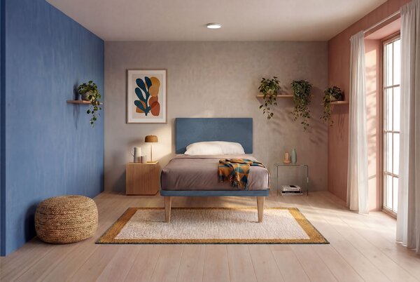 Letto Singolo con Rete Rivestita 80x190 cm Microfibra Blu Tessis Testata Flat