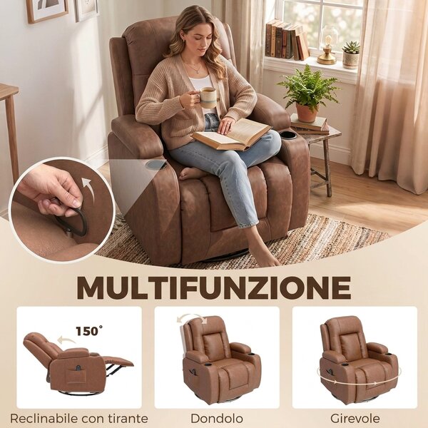 HOMCOM Poltrona Massaggiante Reclinabile Manuale 150° Riscaldante, Telecomando, Portabicchieri, Pelle PU, Marrone Chiaro | Aosom Italy