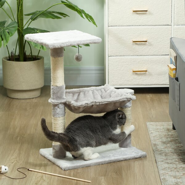 Albero Tiragraffi per Gatti Multilivello con Amaca e Pallina Appesa in Legno e Peluche 50x36x70cm Grigio Chiaro