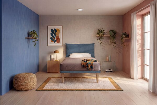 Letto Singolo con Rete Rivestita 80x190 cm Microfibra Blu Tessis Testata Soft