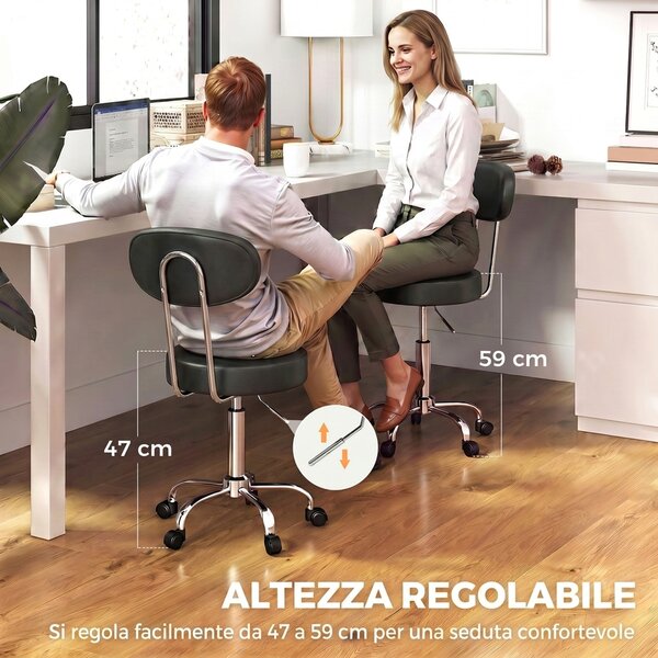 HOMCOM Sgabello con Ruote in Ecopelle PU, Regolabile, Seduta Imbottita e Schienale, Nero | Aosom Italy