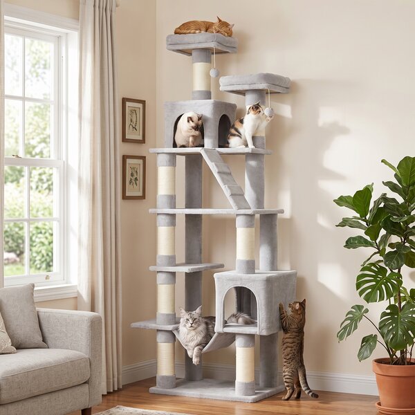 Tiragraffi per Gatti Grande Multilivello 60x48x204 cm con 8 Pali in Sisal 2 Casette e Amaca in Truciolare e Peluche Grigio Chiaro