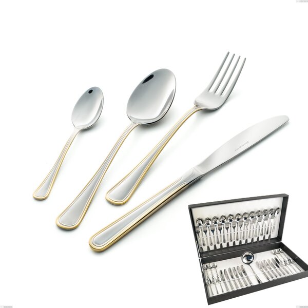 Servizio di posate 75 pezzi in astuccio regalo coltello economico Galles oro, acciaio 18-10, oro 24 carati lucido, spessore 2 mm