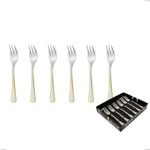 Confezione vetrina 6 pezzi forchettine dolce Galles oro, acciaio 18-10, oro 24 carati lucido, spessore 2 mm