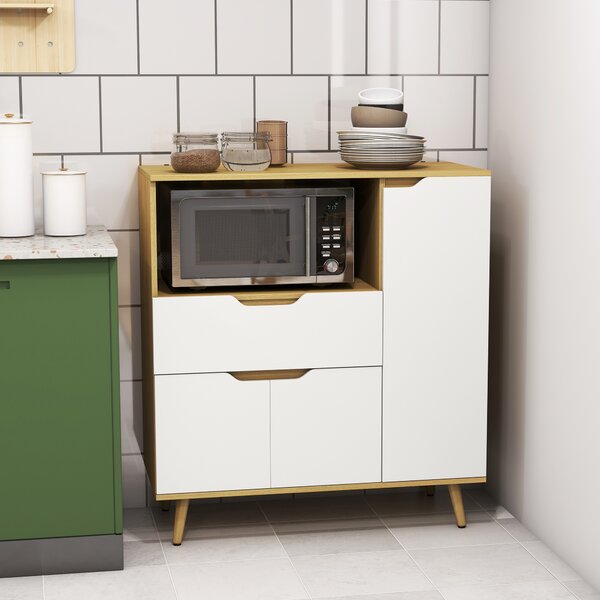HOMCOM Mobiletto per Microonde con Foro Passacavi, Due Armadietti e Un Cassetto, 90x40x98.5cm, Bianco e Color Legno | Aosom Italy