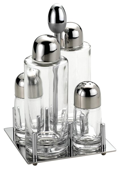 Oliera Base quadrata JOINT in acciaio lucido con ampolle in vetro e tappo salvagoccia