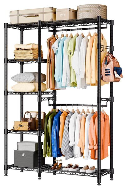 Appendiabiti aperto con doppia barra appendiabiti e 5 ripiani, porta abiti in metallo resistente, dimensioni 114x44x195 cm, colore nero