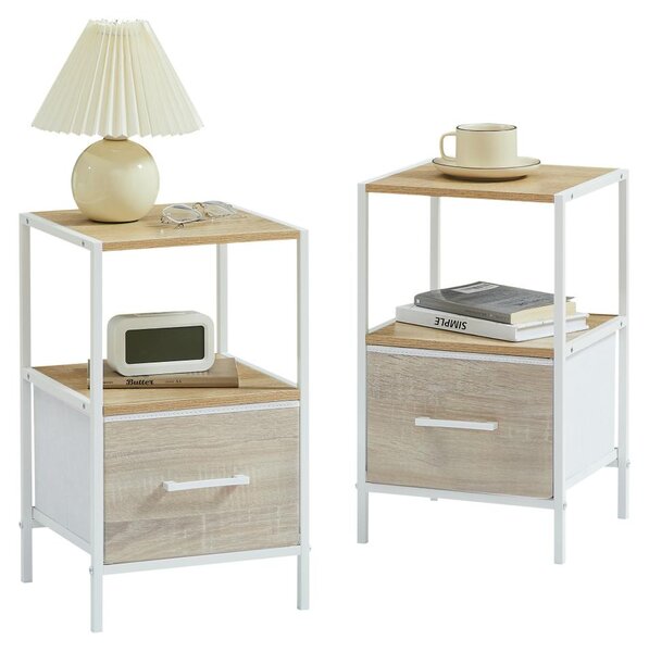 CASABEL Set 2 Comodini, 30x30x50, bianco, Set di 2 Comodini con cassetto di tessuto rigido effetto legno