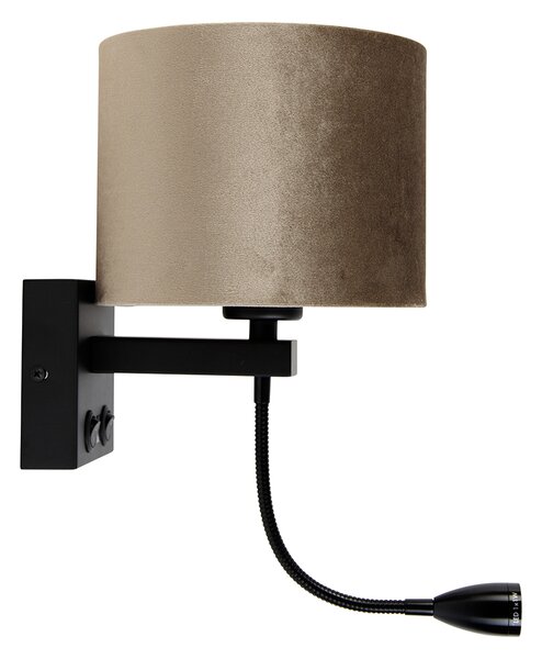 Lampada da parete nera con paralume in velluto taupe 18 cm - Brescia Combi