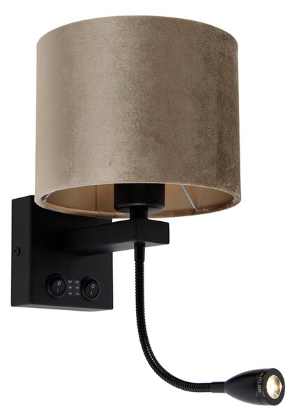 Lampada da parete nera con paralume in velluto taupe 18 cm - Brescia Combi