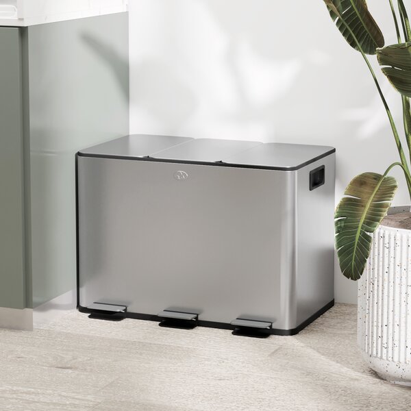 HOMCOM Pattumiera Differenziata 3 Scomparti 10L da Cucina a Pedale, Cestino Spazzatura con 3 Coperchi a Chiusura Silenziosa in Acciaio Inox e PP, 49.6x34.5x38.6 cm, Argento | Aosom Italy