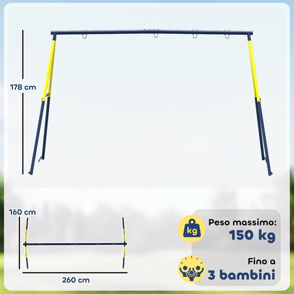 AIYAPLAY Struttura per Altalena da Giardino per Bambini 3-8 Anni in Acciaio, 4 Ganci, 260x160x178 cm, Blu | Aosom Italy