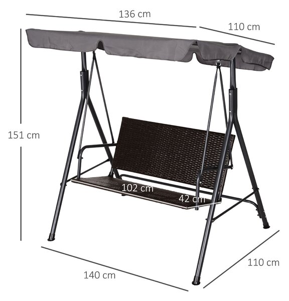 Outsunny Dondolo da Giardino 2 Posti con Tettuccio Regolabile, 140x110x151 cm, Marrone e Grigio | Aosom Italy