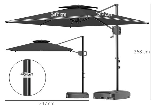 Outsunny Ombrellone a Braccio 2.5x2.5 m con Base Riempibile, Manovella e Testa Inclinabile, Grigio Scuro
