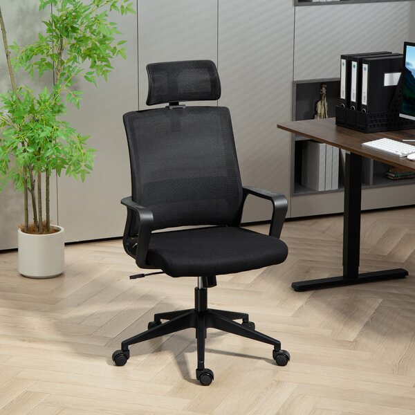 HOMCOM Sedia da Ufficio Ergonomica con Poggiatesta e Altezza Regolabili, Funzione Dondolo e Ruote, Nero