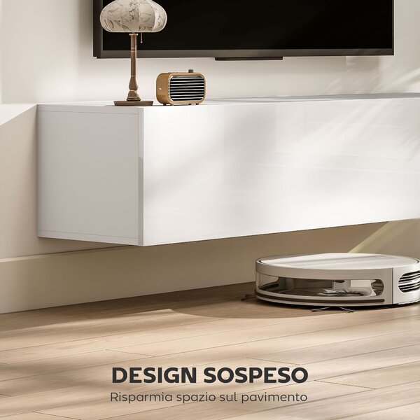 HOMCOM Mobile TV Sospeso per Televisori da 45"-55"-65" con 2 Armadietti e Ante a Ribalta, 140x33x29.8 cm, Bianco | Aosom Italy