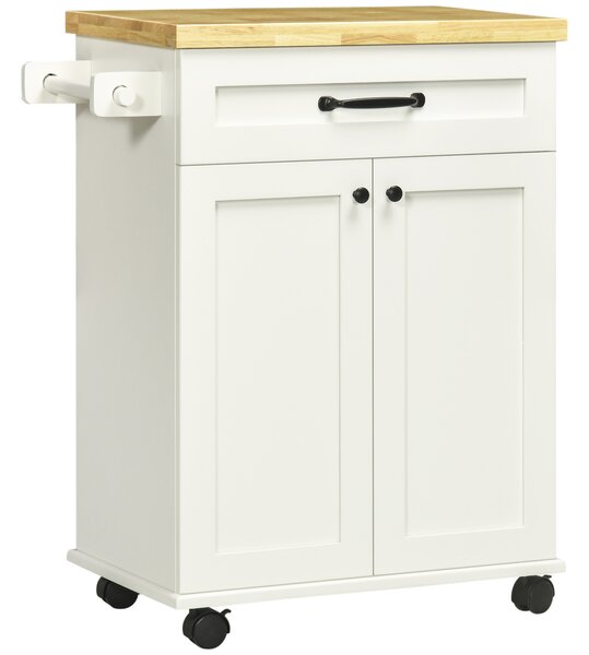 HOMCOM Carrello da cucina a rotelle multi-ripiani 1 cassetto 1 armadio 1 portasciugamani bianco e piano in legno