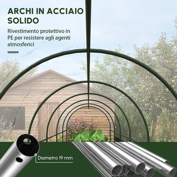 Outsunny Serra da giardino a pomodori 7 archi in acciaio, copertura traslucida in plastica, 6 x 1,23 x 1,71 m, verde | Aosom Italy