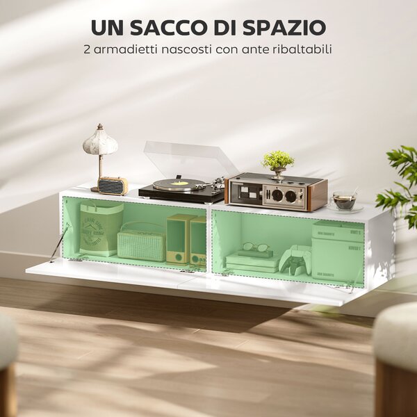 HOMCOM Mobile TV Sospeso per Televisori da 45"-55"-65" con 2 Armadietti e Ante a Ribalta, 140x33x29.8 cm, Bianco | Aosom Italy