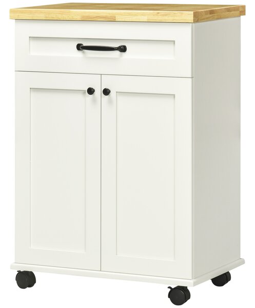 HOMCOM Carrello da cucina a rotelle multi-ripiani 1 cassetto 1 armadio 1 portasciugamani bianco e piano in legno