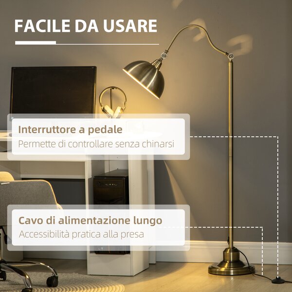 HOMCOM Lampada da Terra Salotto Vintage con Paralume Regolabile, ruotando e Interruttore a Pedale, 42 x 25,5 x 152 cm, tono ottone | Aosom Italy