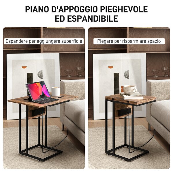 HOMCOM Tavolino da Salotto a C Espandibile con 2 Stazioni di Ricarica, in Legno e Metallo, 39x29x57 cm, Nero e Marrone | Aosom Italy