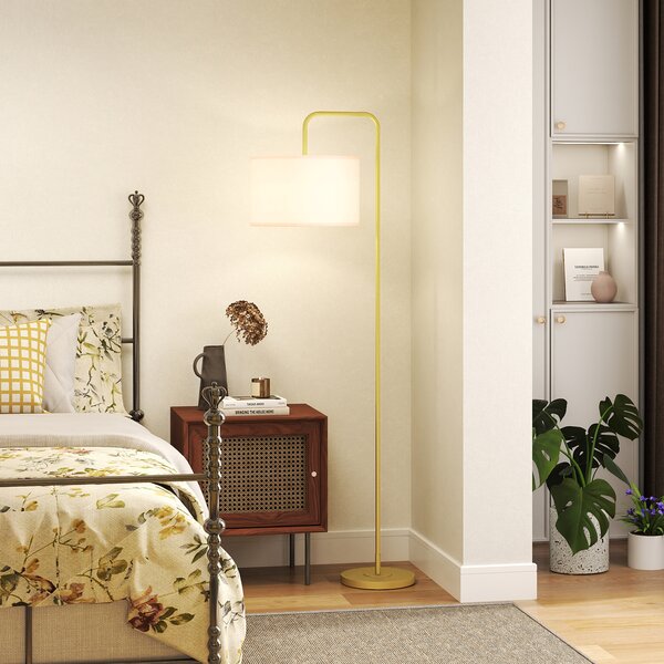 HOMCOM Lampada da Terra Moderna con Paralume in Lino Sintetico Lampada da Lettura per Soggiorno 64x38x163,5 cm Bianco e Dorato | Aosom Italy
