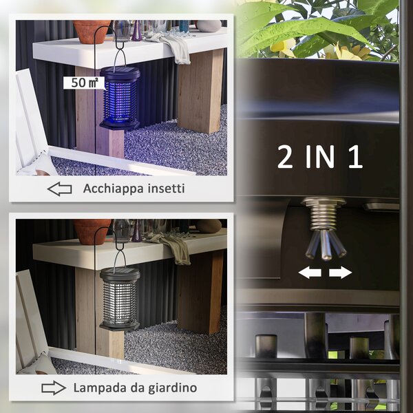 Outsunny Lanterna da giardino appesa con distruzione degli insetti e illuminazione, solare e USB-C - efficace su superfici di 50m², nero | Aosom Italy