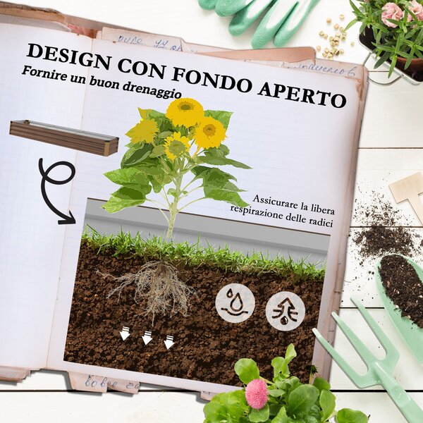 Outsunny Letto per Orto Rialzato Fioriera Balcone 240x60x30 cm, Legno Scuro | Aosom Italy