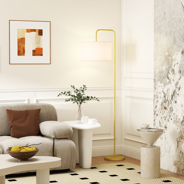 HOMCOM Lampada da Terra Moderna con Paralume in Lino Sintetico Lampada da Lettura per Soggiorno 64x38x163,5 cm Bianco e Dorato | Aosom Italy