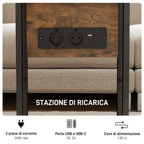 HOMCOM Tavolino da Salotto a C Espandibile con 2 Stazioni di Ricarica, in Legno e Metallo, 39x29x57 cm, Nero e Marrone | Aosom Italy