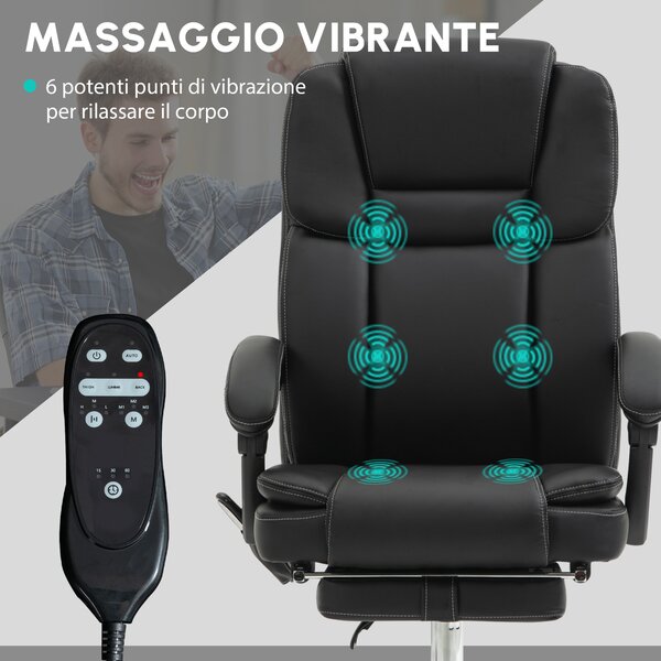 VinsettoPoltrona da Ufficio Regolabile con 6 Punti di Massaggio, Sedia con Funzione di Riscaldamento e Poggiapiedi, Ecopelle, Nero | Aosom Italy