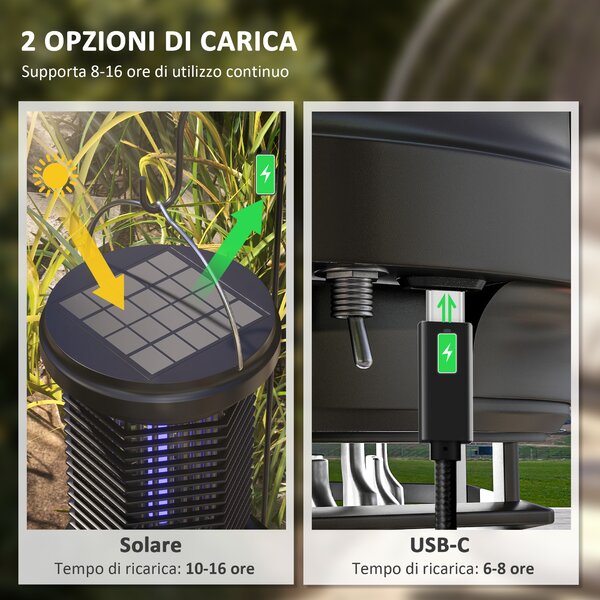 Outsunny Lanterna da giardino appesa con distruzione degli insetti e illuminazione, solare e USB-C - efficace su superfici di 50m², nero | Aosom Italy