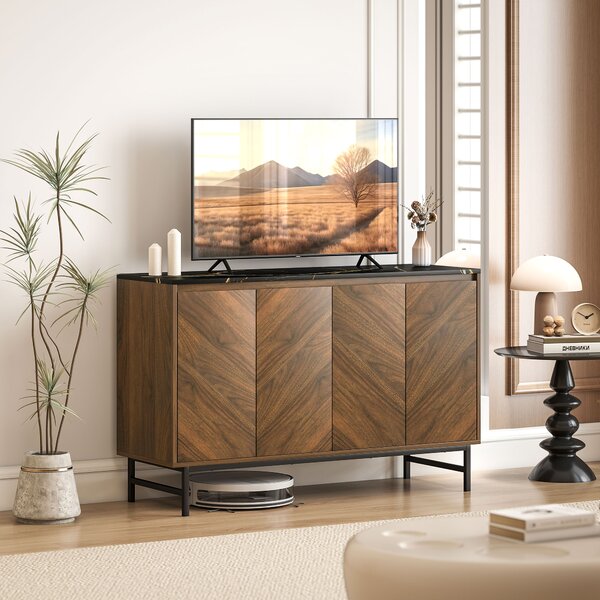 HOMCOM Mobile TV con 4 ante, piano effetto marmo, mensole regolabili, 120x39x76cm, Nocciola | Aosom Italy