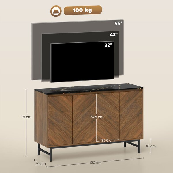 HOMCOM Mobile TV con 4 ante, piano effetto marmo, mensole regolabili, 120x39x76cm, Nocciola | Aosom Italy