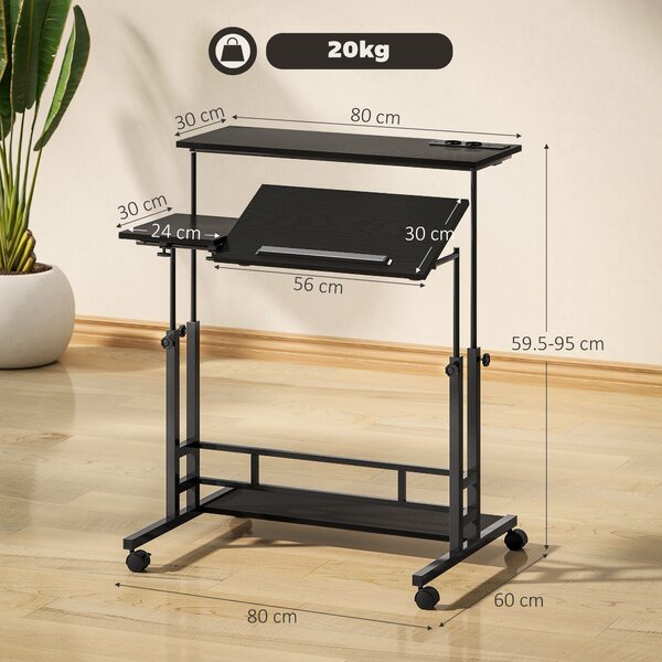 HOMCOM Scrivania con Altezza Regolabile, con Ruote, Prese e Porte USB, 80x60 cm, Nero | Aosom Italy