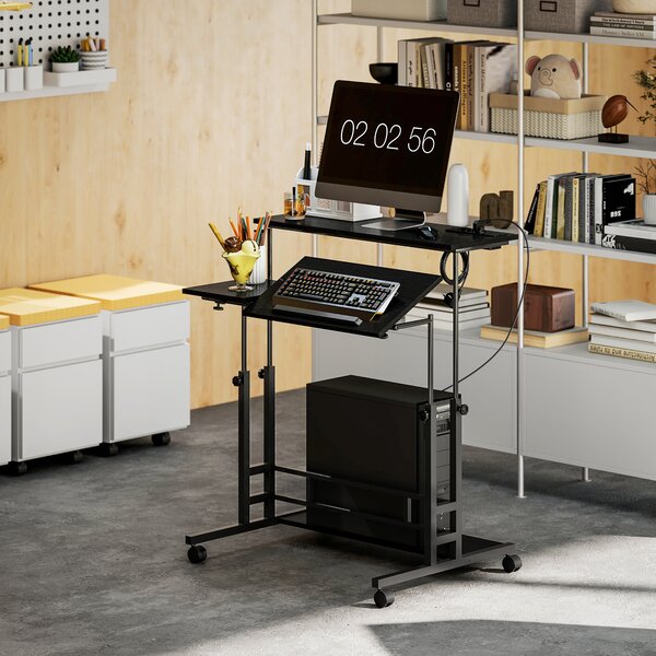 HOMCOM Scrivania con Altezza Regolabile, con Ruote, Prese e Porte USB, 80x60 cm, Nero | Aosom Italy