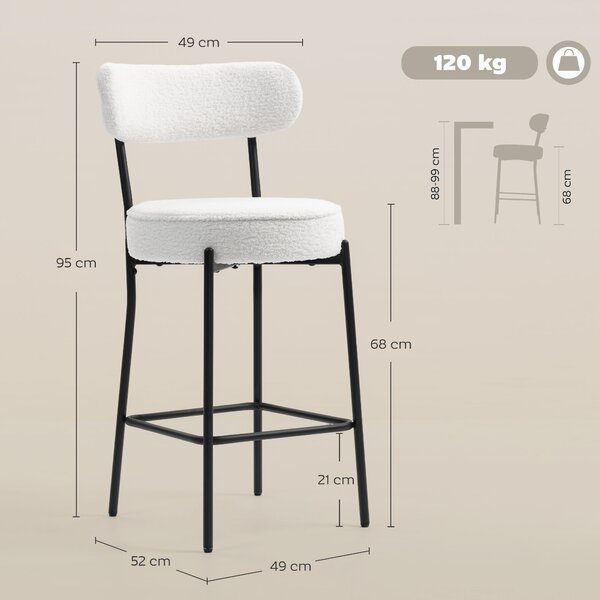 HOMCOM Set di 2 sgabelli da bar in tessuto bouclé con schienale curvo e poggiapiedi, 49x52x95cm, Crema | Aosom Italy