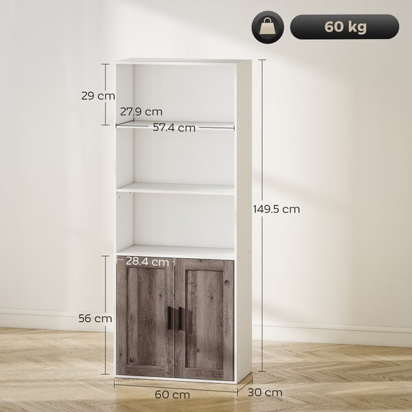HOMCOM Libreria con Mensole Aperte e Armadio con Ante, 60x30x149,5 cm, Bianco e Marrone | Aosom Italy