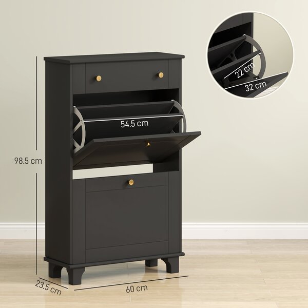HOMCOM Scarpiera Slim con cassetti a ribalta e scaffale regolabile, 60 x 23,5 x 98,5 cm, nero | Aosom Italy